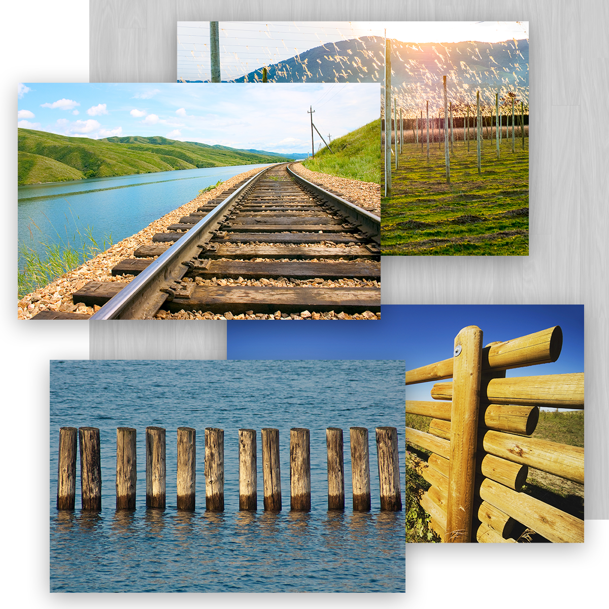 Collage of Westlake Timber Supply Products in Use including Used Railroad ties, Fence Posts, Pilings, and Hop Poles